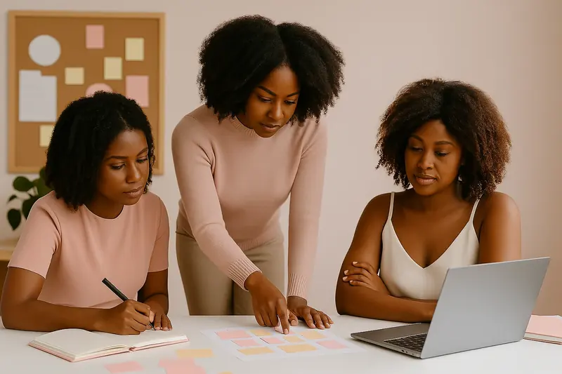 Pink Marketing Haven: three women planning at a table with a laptop, a notebook and sticky notes